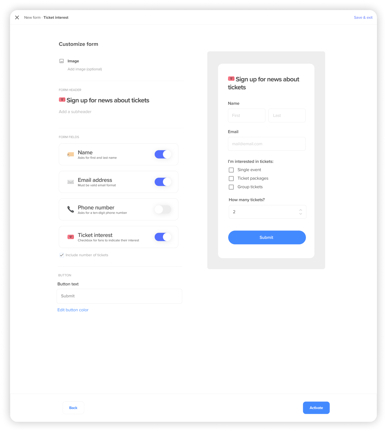 Builder with form fields on the left and a preview on the right