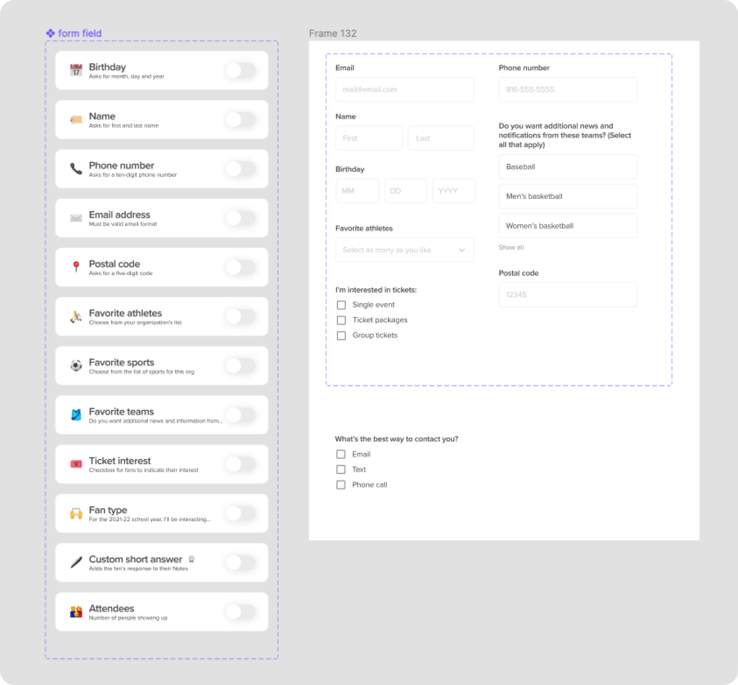 Form fields you can pick and how they appear in the form