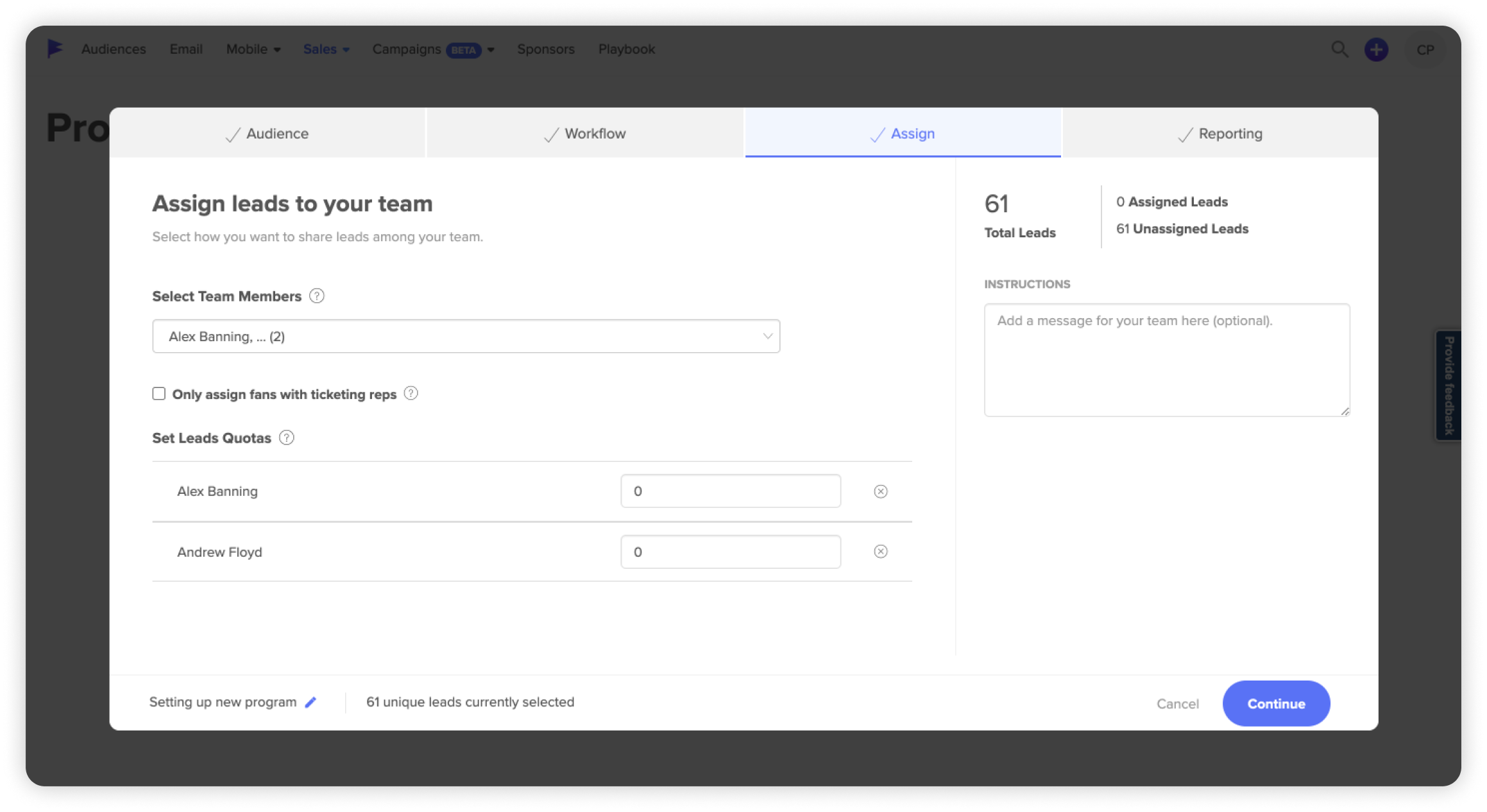 Modal where you assign leads to your team