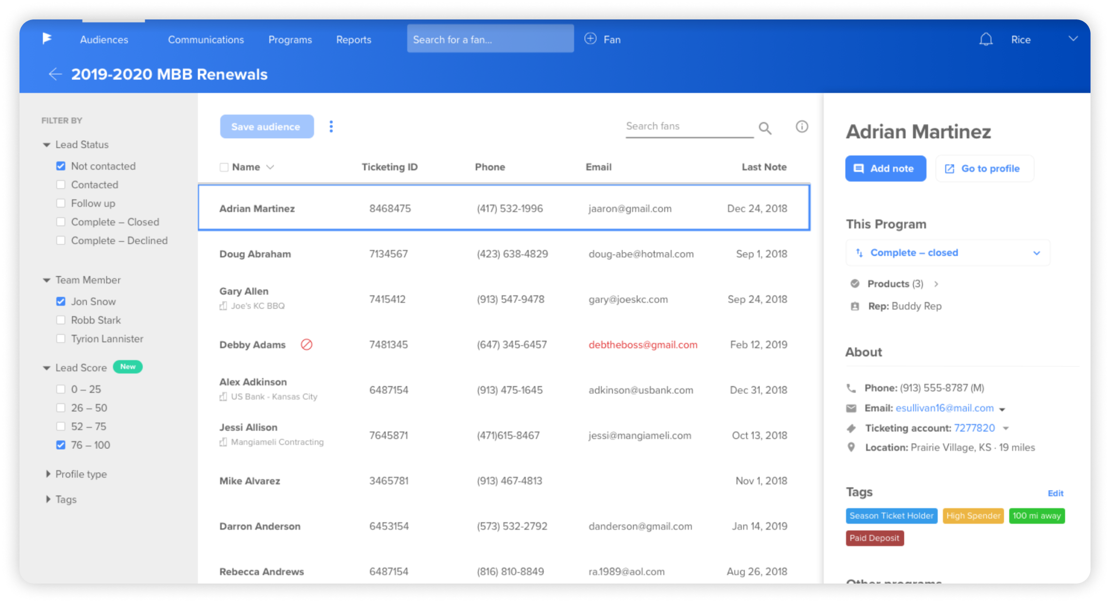 Fan list in the middle with a fan profile open in a small pane on the right