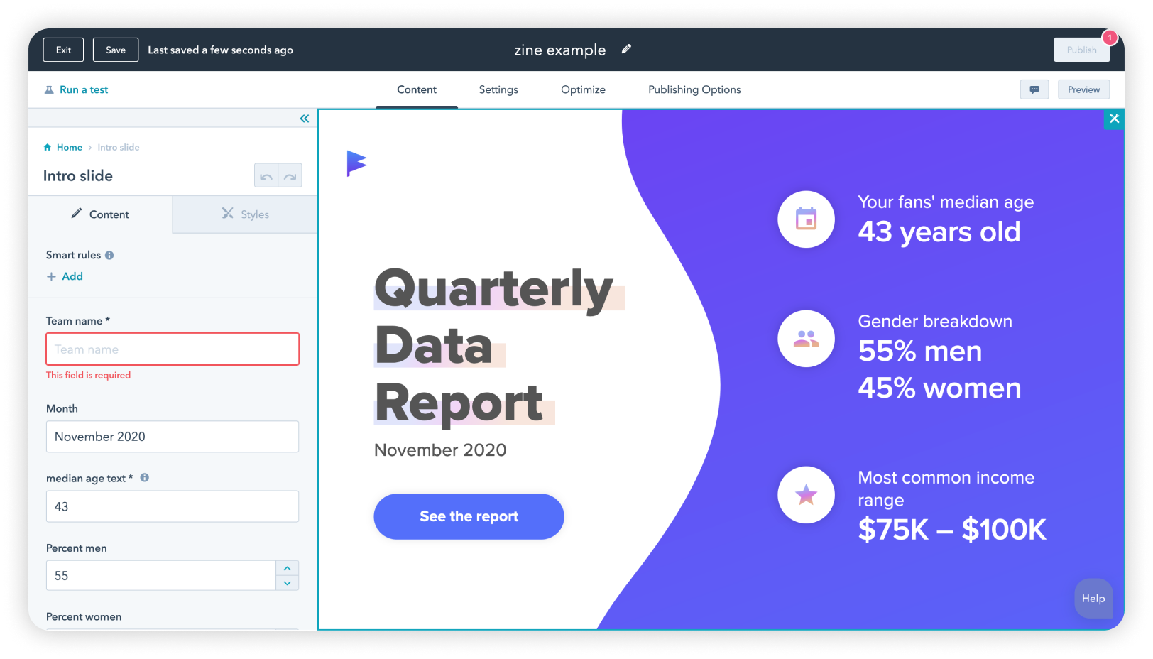 A Hubspot interface with content fields on the left and the live preview on the right